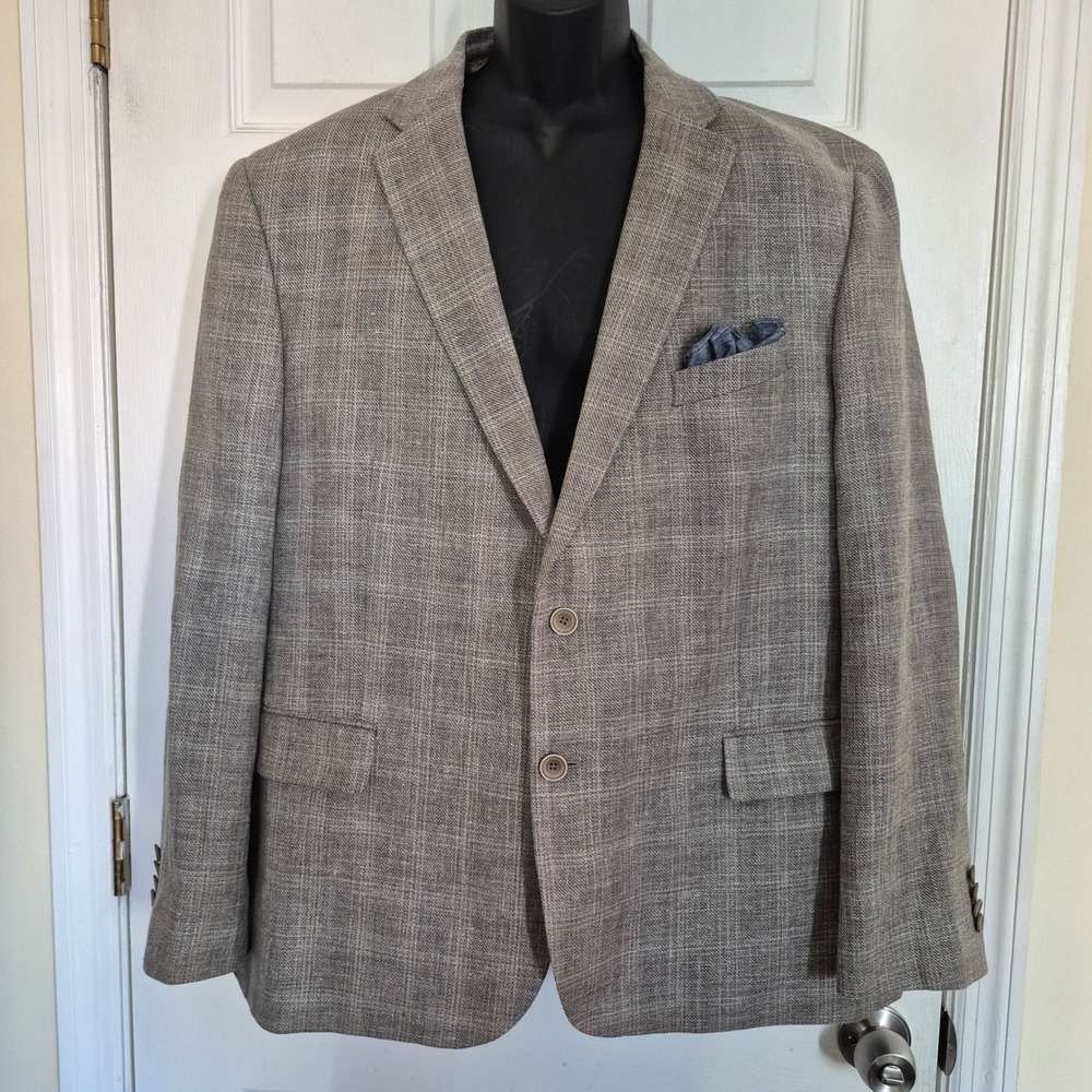 Joseph Abboud Heritage Mens 48R Wool Linen Glen Plaid Blazer Sport Coat Tan Grey